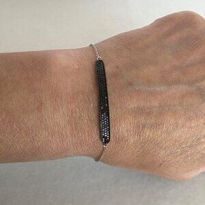 Sterling Silver 925 TGI Dainty Black Spinel Pavé Bar Chain Link Bracelet 7"-8"